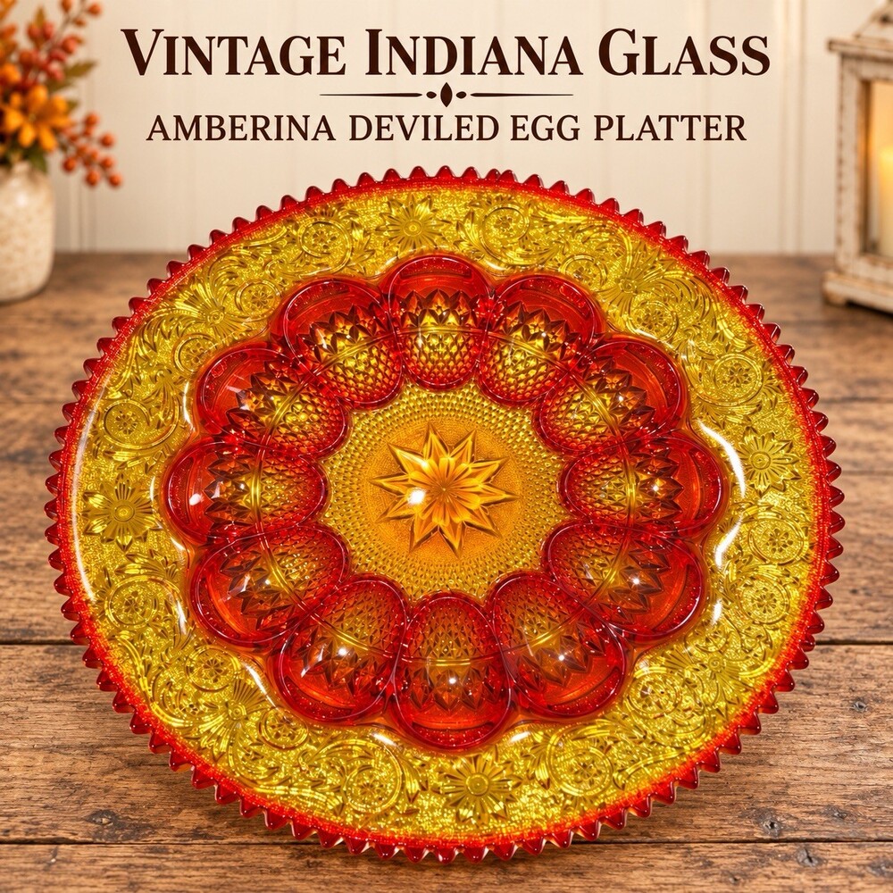 Vintage Tiara Indiana Glass Amberina Sandwich Egg Platter 12.5”